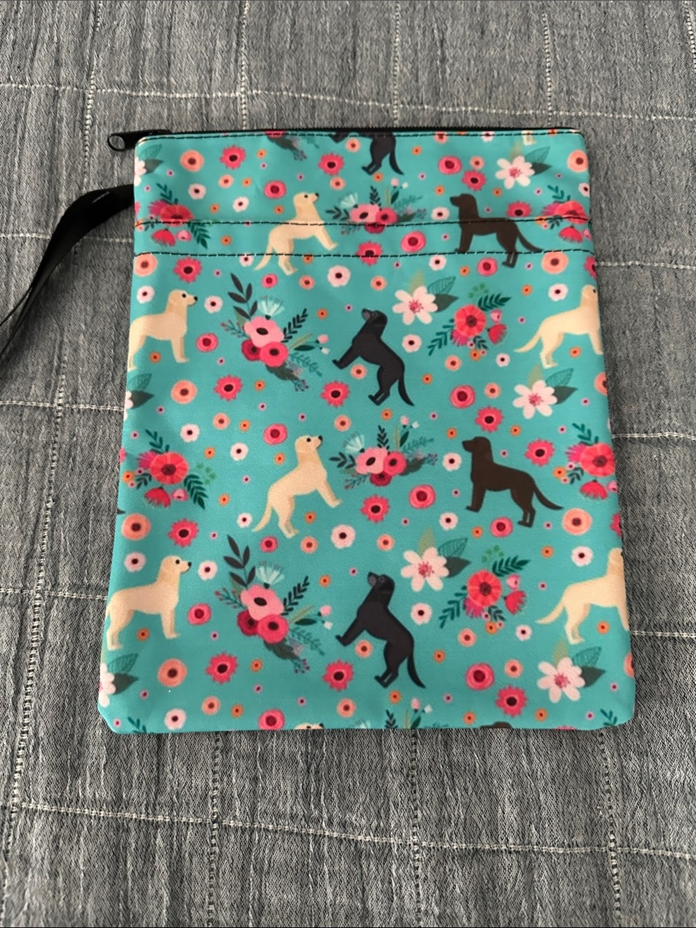 Aqua Floral Waterpoof Book Pouch with Dog Pattern